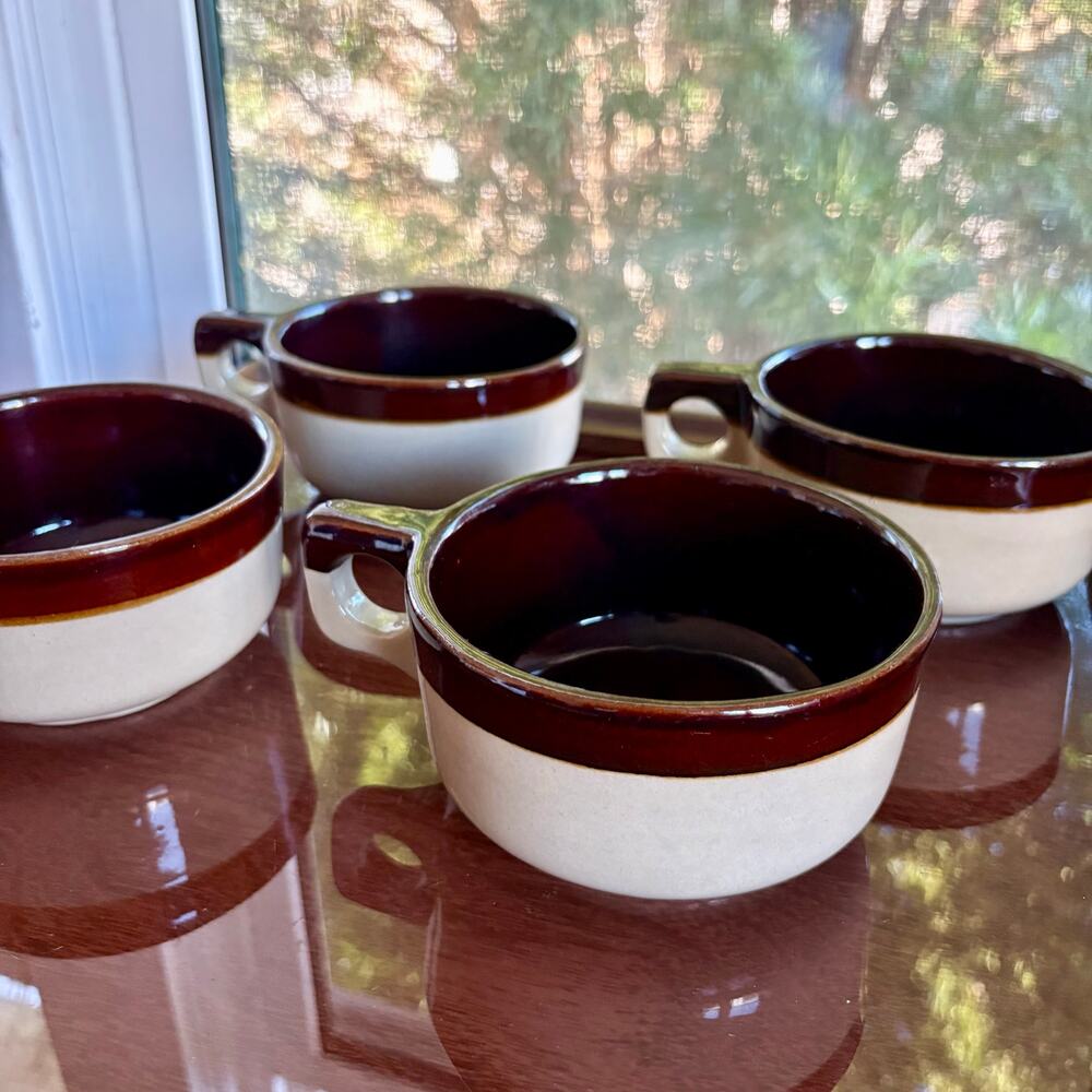 Vintage Western Stoneware Maple Leaf Brown Band Soup Mugs, Set of 4